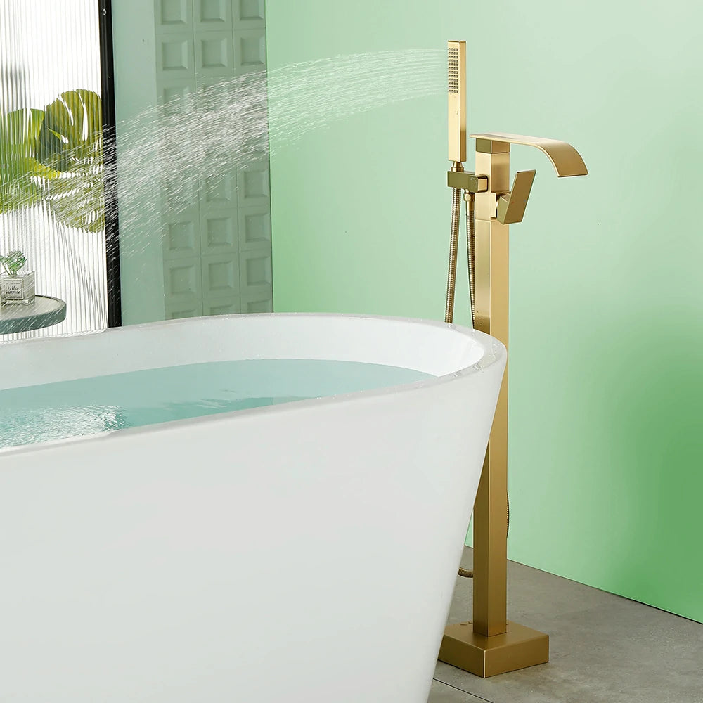360° Swivel Waterfall Freestanding Bathtub Faucet with Hand Shower in Brushed Gold