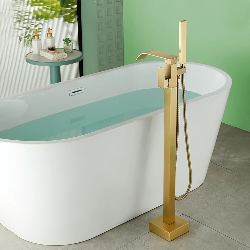 360° Swivel Waterfall Freestanding Bathtub Faucet with Hand Shower in Brushed Gold