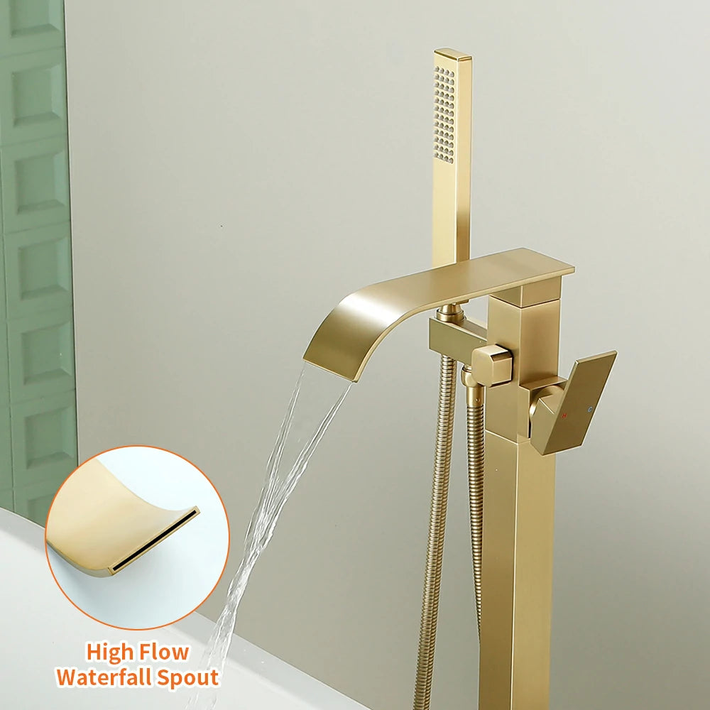 360° Swivel Waterfall Freestanding Bathtub Faucet with Hand Shower in Brushed Gold