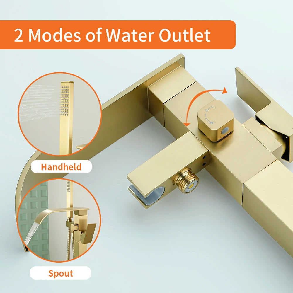 360° Swivel Waterfall Freestanding Bathtub Faucet with Hand Shower in Brushed Gold