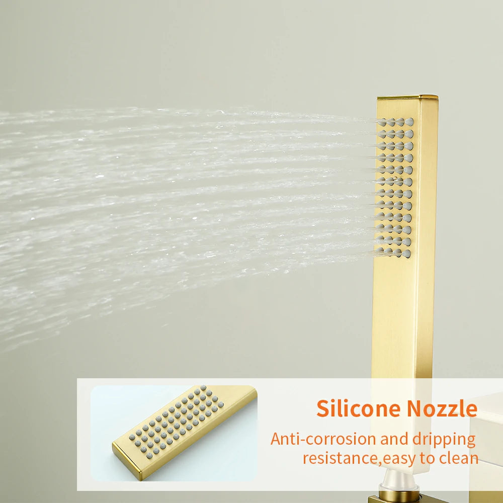 360° Swivel Waterfall Freestanding Bathtub Faucet with Hand Shower in Brushed Gold