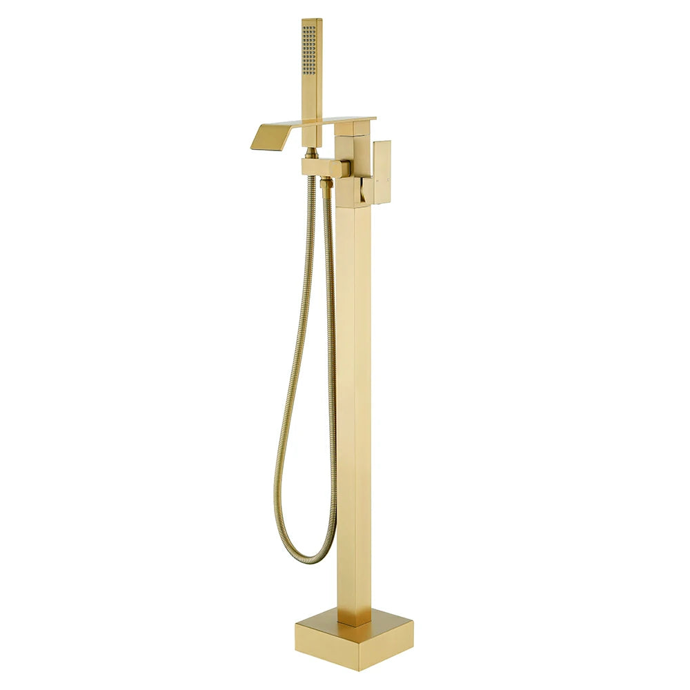 360° Swivel Waterfall Freestanding Bathtub Faucet with Hand Shower in Brushed Gold
