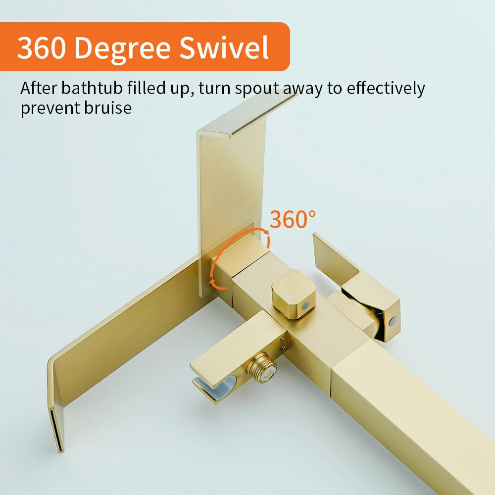 360° Swivel Waterfall Freestanding Bathtub Faucet with Hand Shower in Brushed Gold