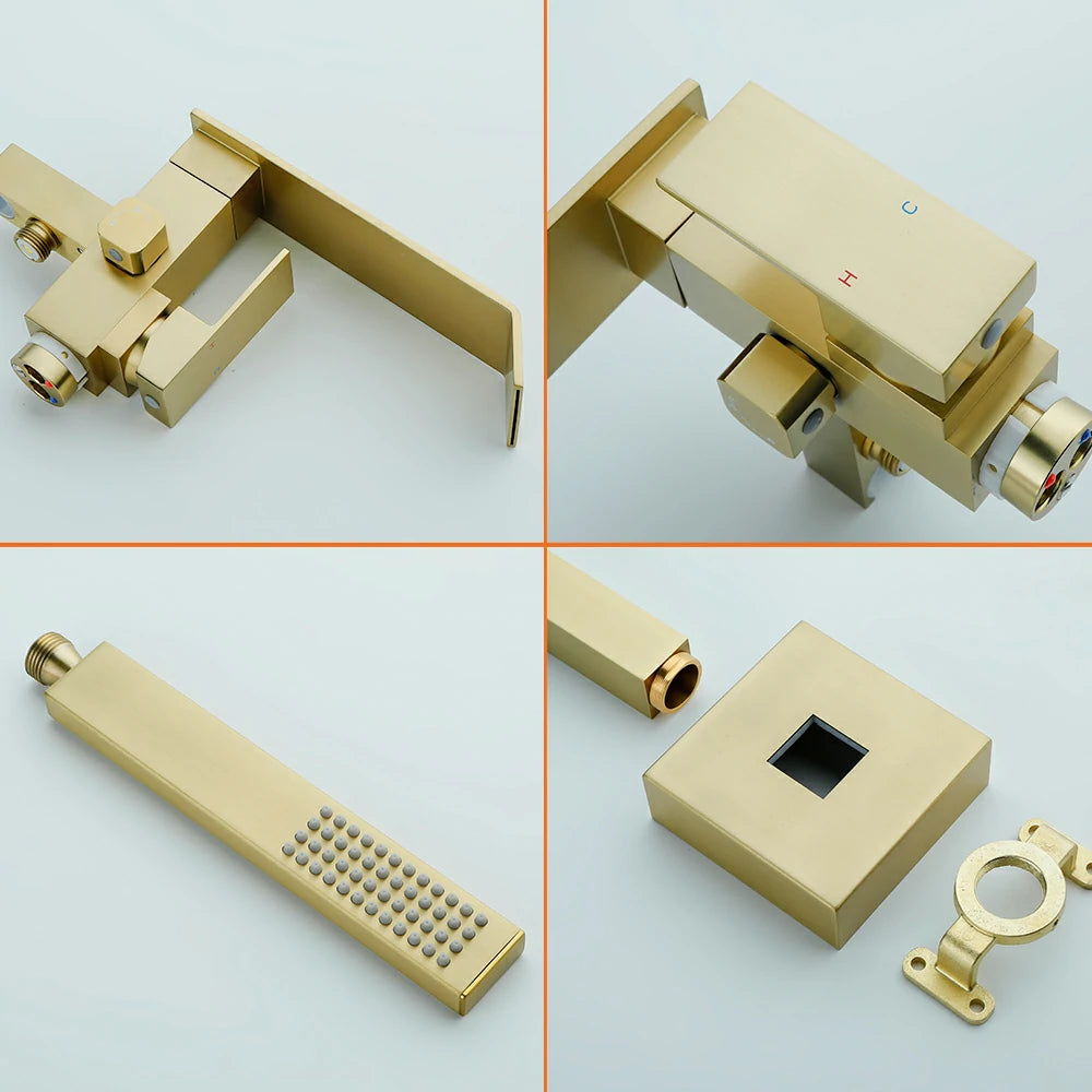 360° Swivel Waterfall Freestanding Bathtub Faucet with Hand Shower in Brushed Gold