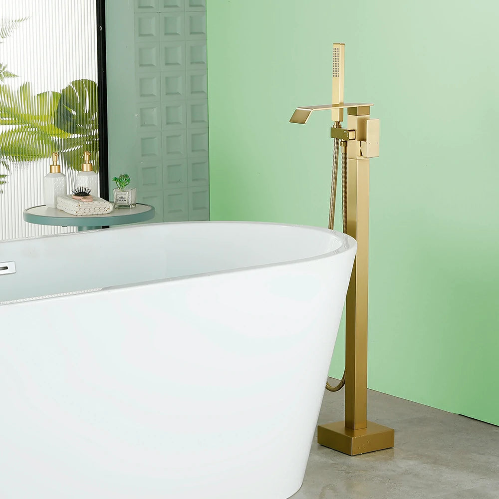 360° Swivel Waterfall Freestanding Bathtub Faucet with Hand Shower in Brushed Gold