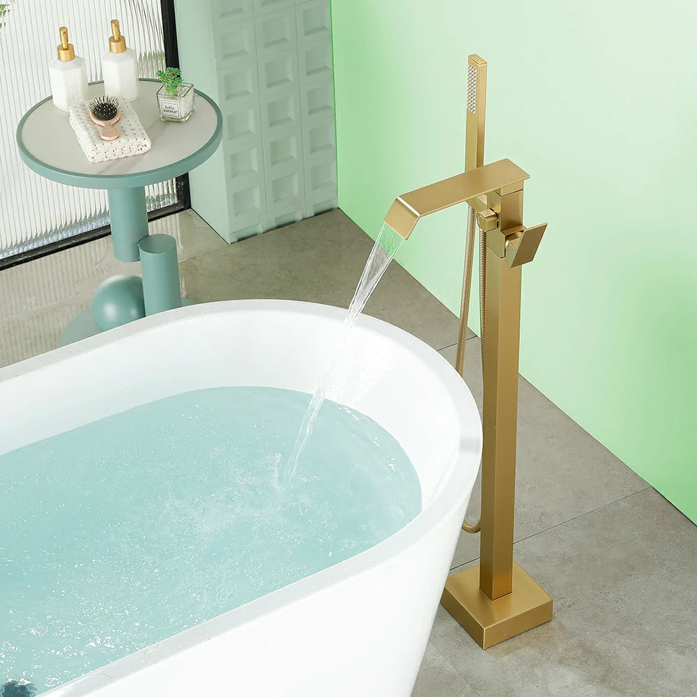 360° Swivel Waterfall Freestanding Bathtub Faucet with Hand Shower in Brushed Gold