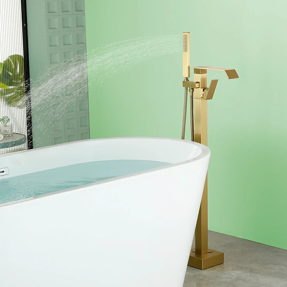 360° Swivel Waterfall Freestanding Bathtub Faucet with Hand Shower in Brushed Gold