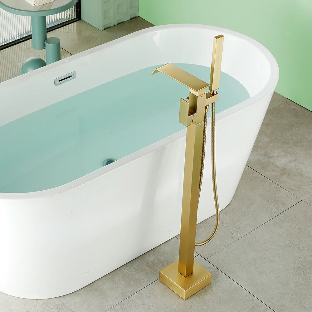360° Swivel Waterfall Freestanding Bathtub Faucet with Hand Shower in Brushed Gold