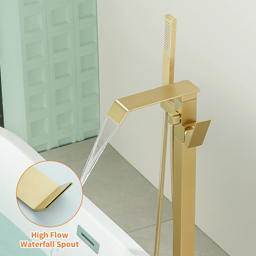 360° Swivel Waterfall Freestanding Bathtub Faucet with Hand Shower in Brushed Gold