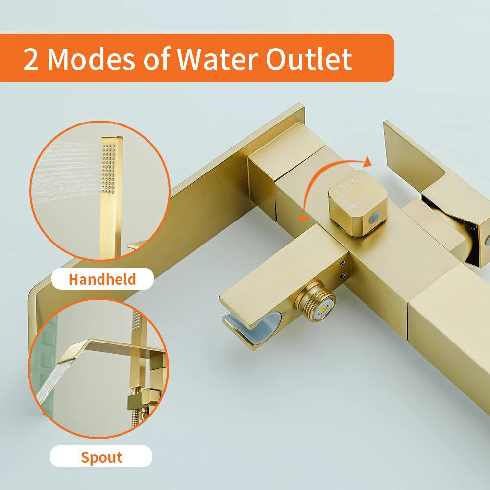 360° Swivel Waterfall Freestanding Bathtub Faucet with Hand Shower in Brushed Gold