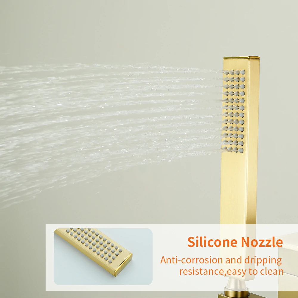 360° Swivel Waterfall Freestanding Bathtub Faucet with Hand Shower in Brushed Gold