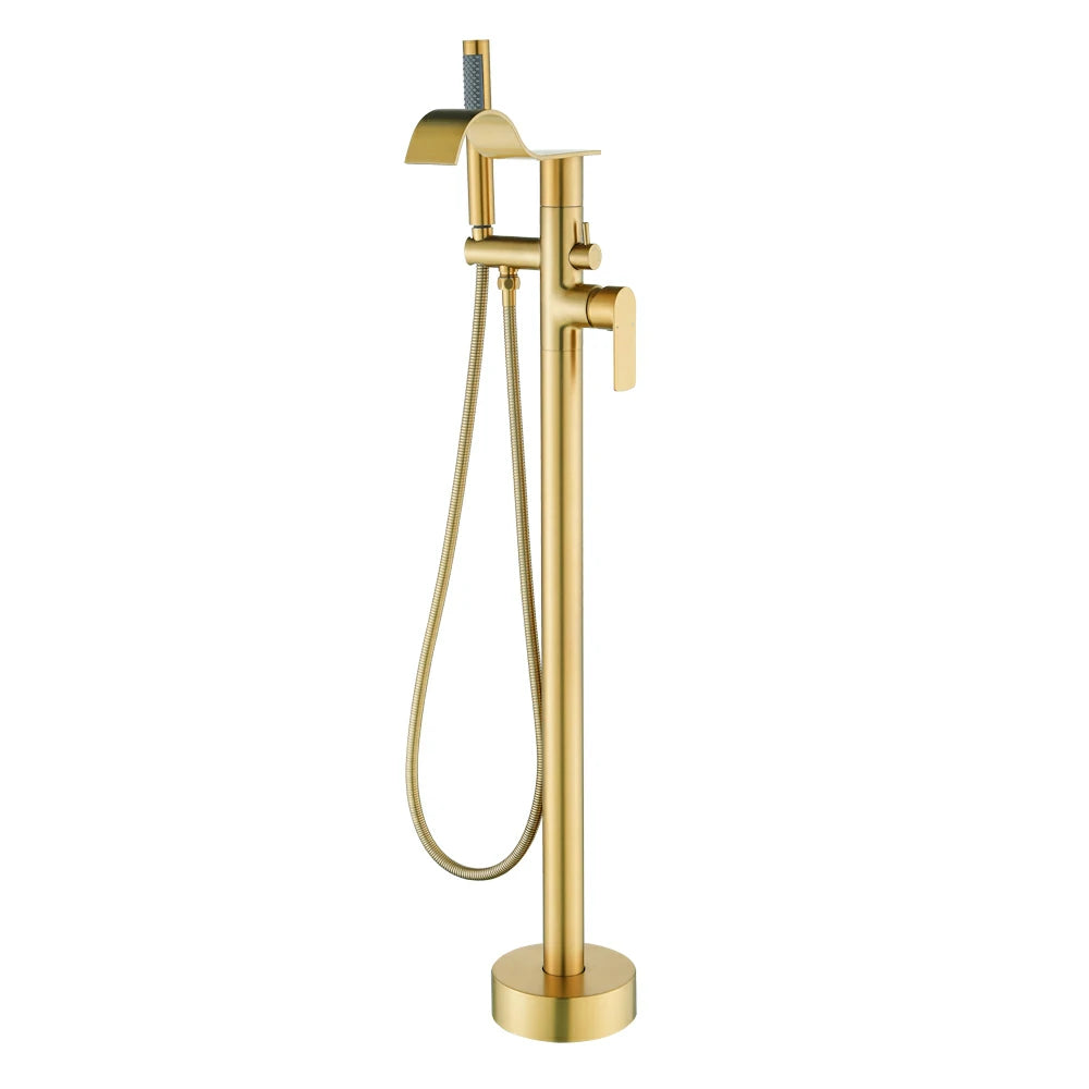 360° Swivel Waterfall Freestanding Bathtub Faucet with Hand Shower in Brushed Gold