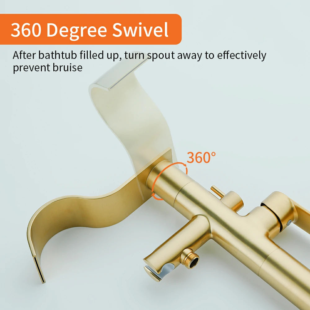 360° Swivel Waterfall Freestanding Bathtub Faucet with Hand Shower in Brushed Gold