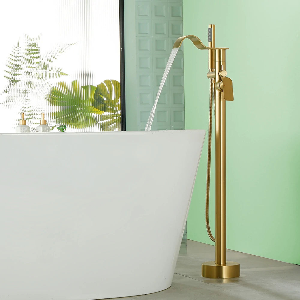 360° Swivel Waterfall Freestanding Bathtub Faucet with Hand Shower in Brushed Gold