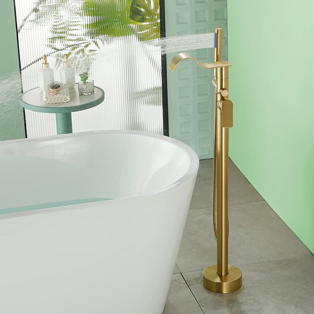 360° Swivel Waterfall Freestanding Bathtub Faucet with Hand Shower in Brushed Gold