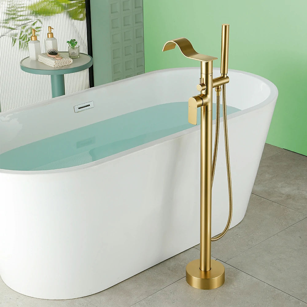 360° Swivel Waterfall Freestanding Bathtub Faucet with Hand Shower in Brushed Gold