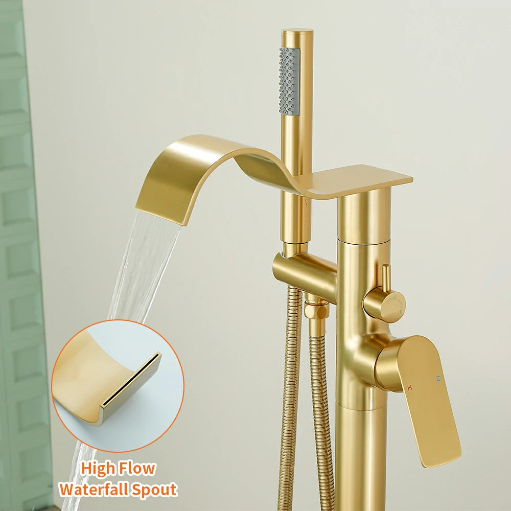 360° Swivel Waterfall Freestanding Bathtub Faucet with Hand Shower in Brushed Gold