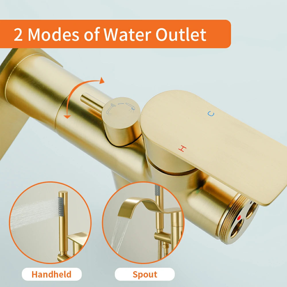 360° Swivel Waterfall Freestanding Bathtub Faucet with Hand Shower in Brushed Gold
