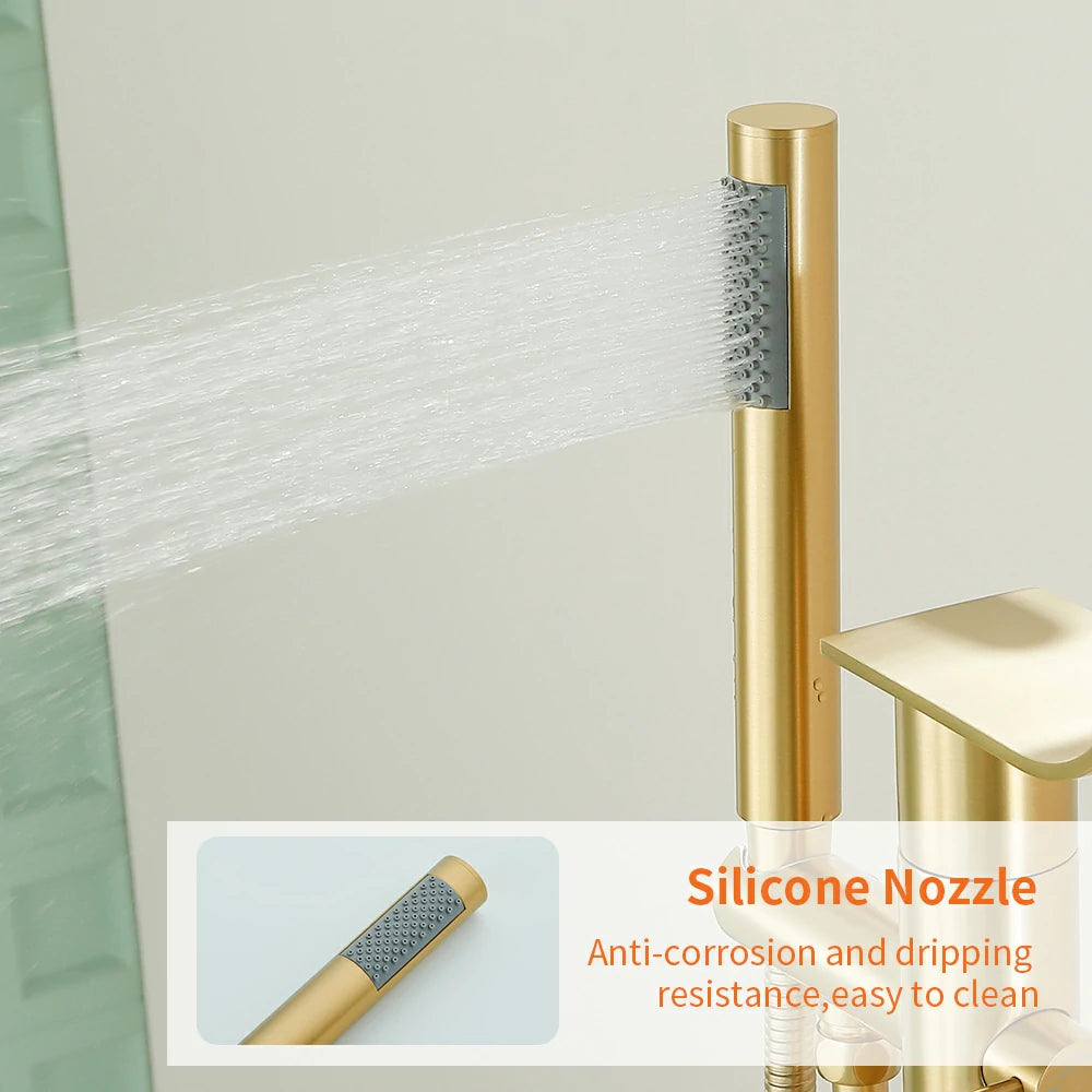 360° Swivel Waterfall Freestanding Bathtub Faucet with Hand Shower in Brushed Gold