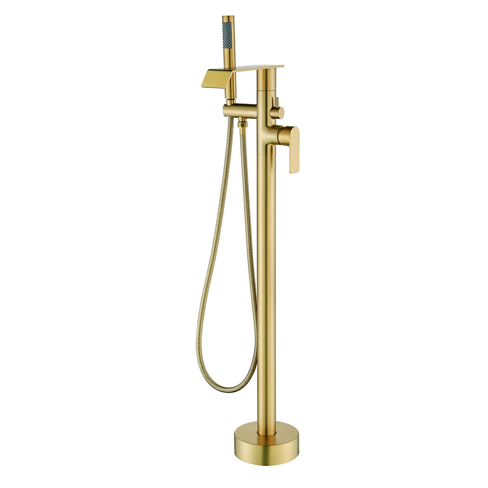 360° Swivel Waterfall Freestanding Bathtub Faucet with Hand Shower in Brushed Gold