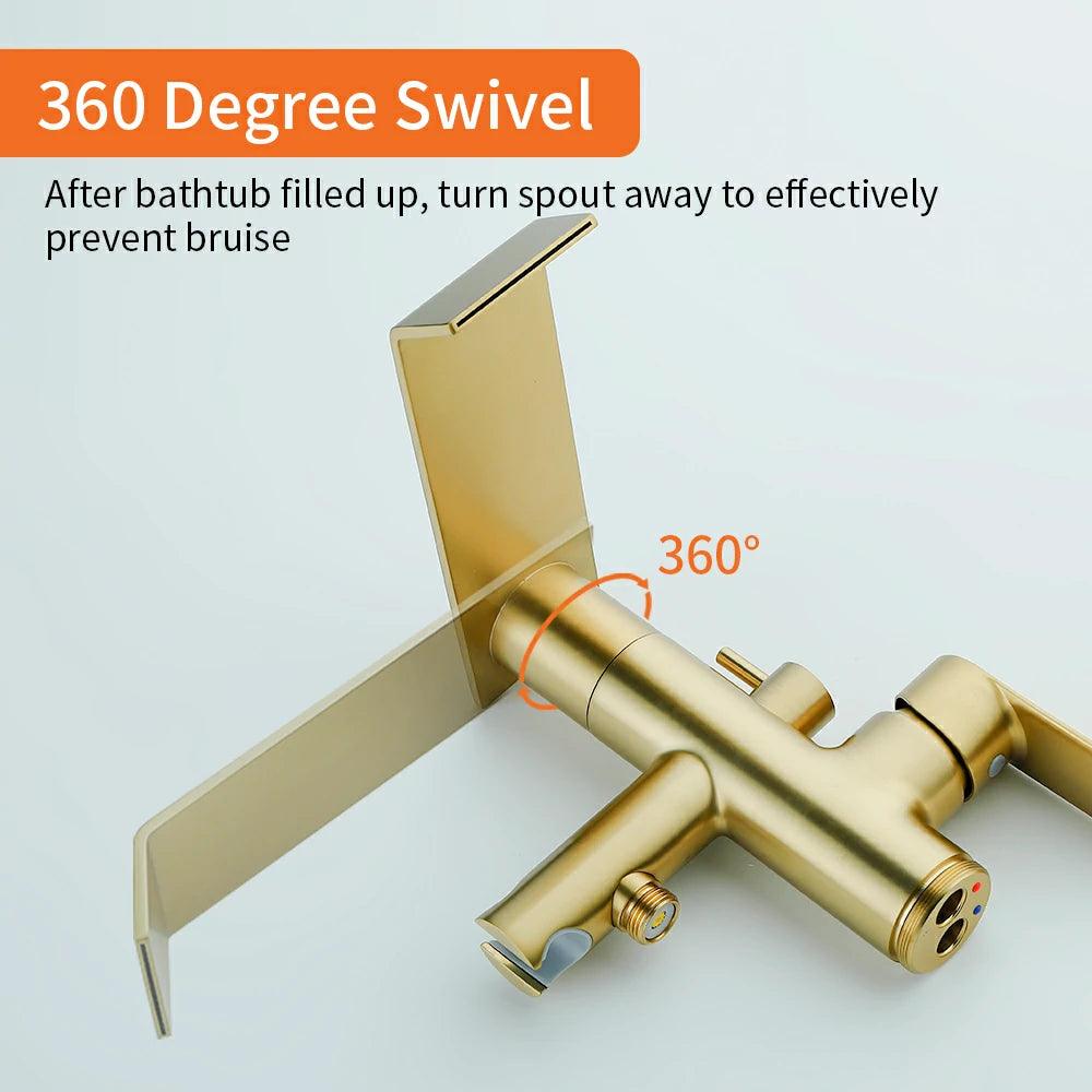 360° Swivel Waterfall Freestanding Bathtub Faucet with Hand Shower in Brushed Gold