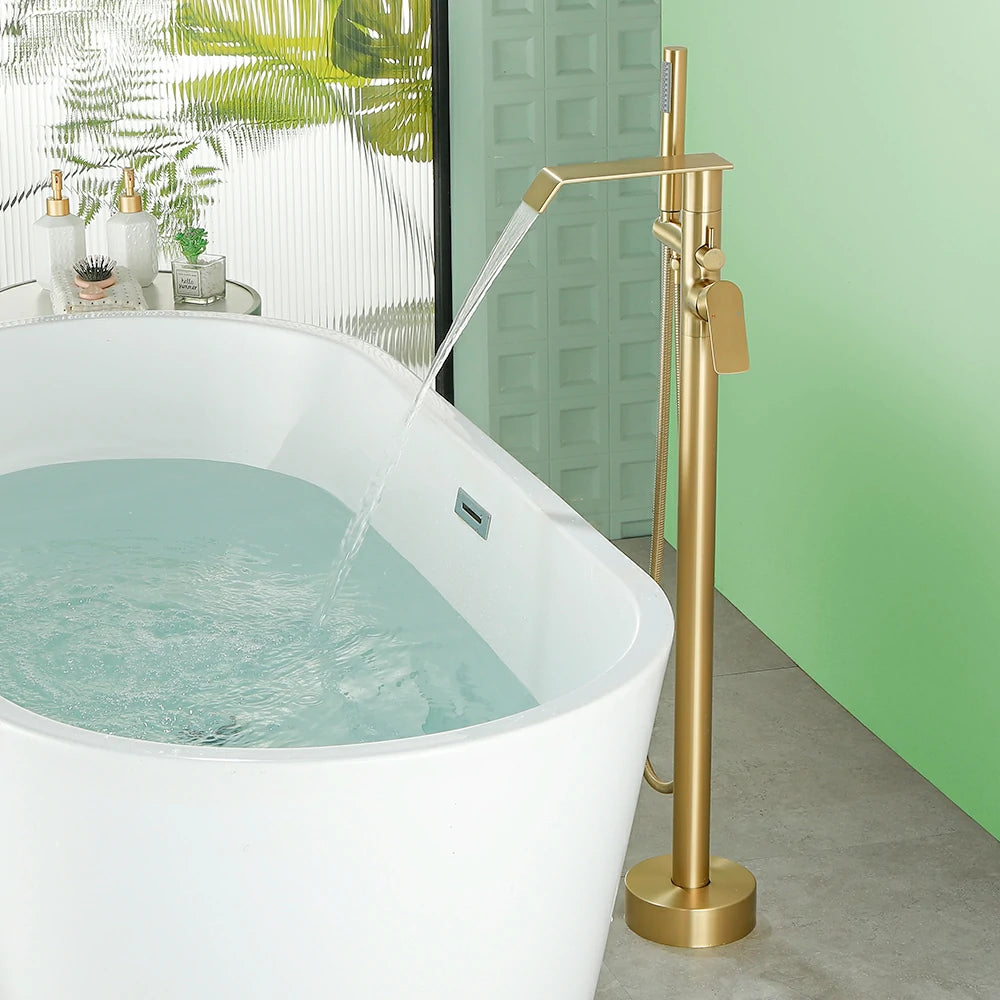 360° Swivel Waterfall Freestanding Bathtub Faucet with Hand Shower in Brushed Gold