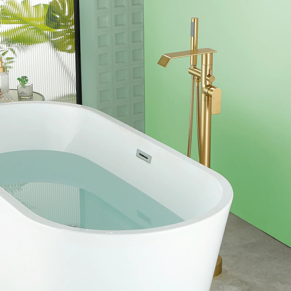 360° Swivel Waterfall Freestanding Bathtub Faucet with Hand Shower in Brushed Gold