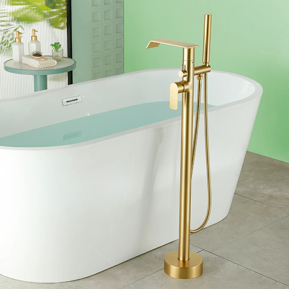 360° Swivel Waterfall Freestanding Bathtub Faucet with Hand Shower in Brushed Gold