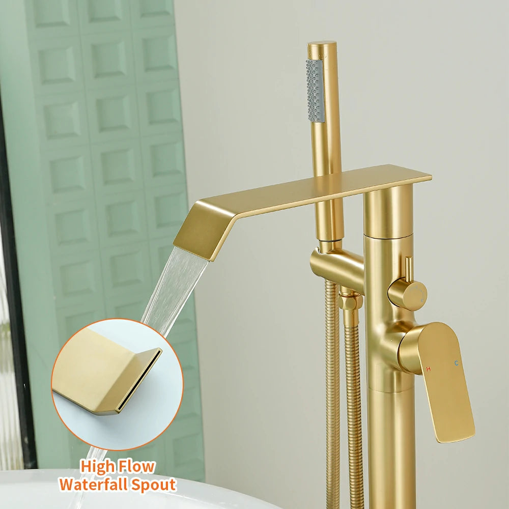 360° Swivel Waterfall Freestanding Bathtub Faucet with Hand Shower in Brushed Gold