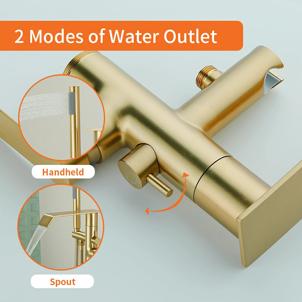 360° Swivel Waterfall Freestanding Bathtub Faucet with Hand Shower in Brushed Gold