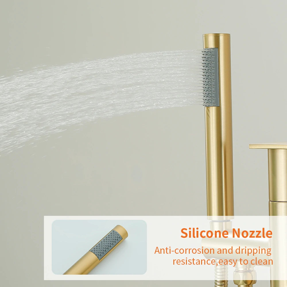 360° Swivel Waterfall Freestanding Bathtub Faucet with Hand Shower in Brushed Gold