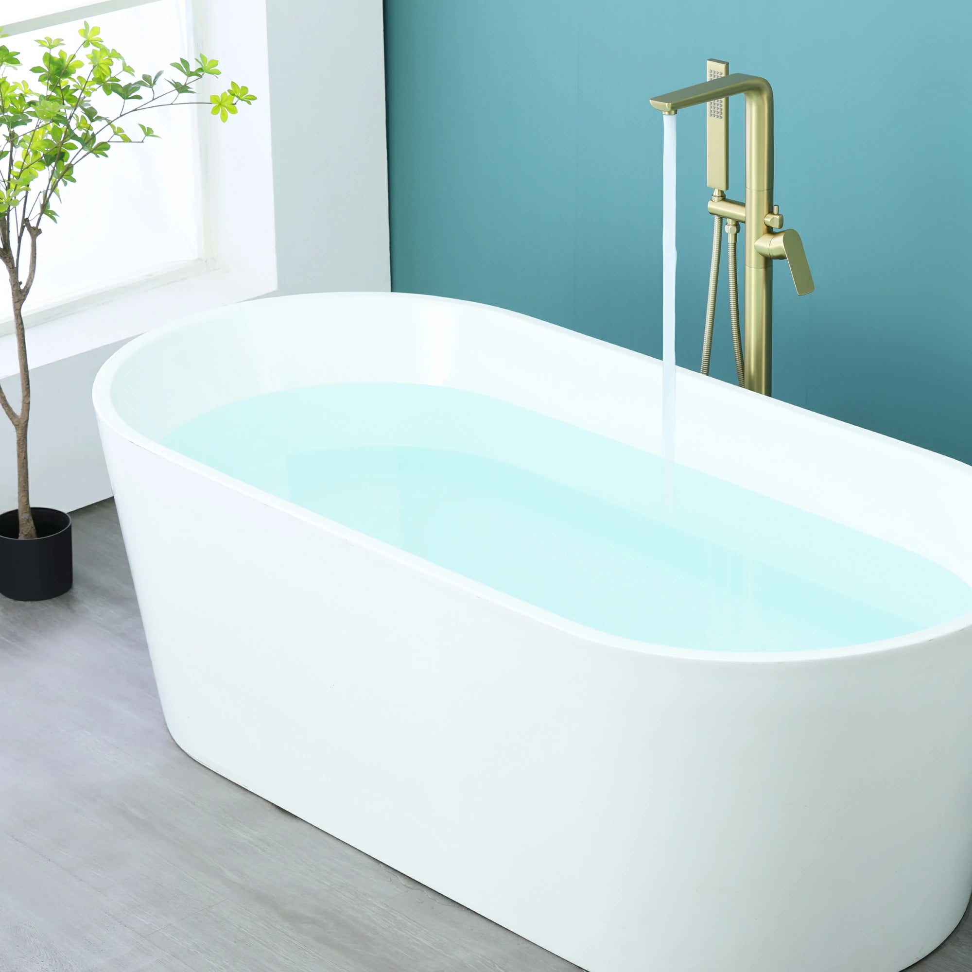 Waterfall Freestanding Bathtub Faucet with Hand Shower in Brushed Gold