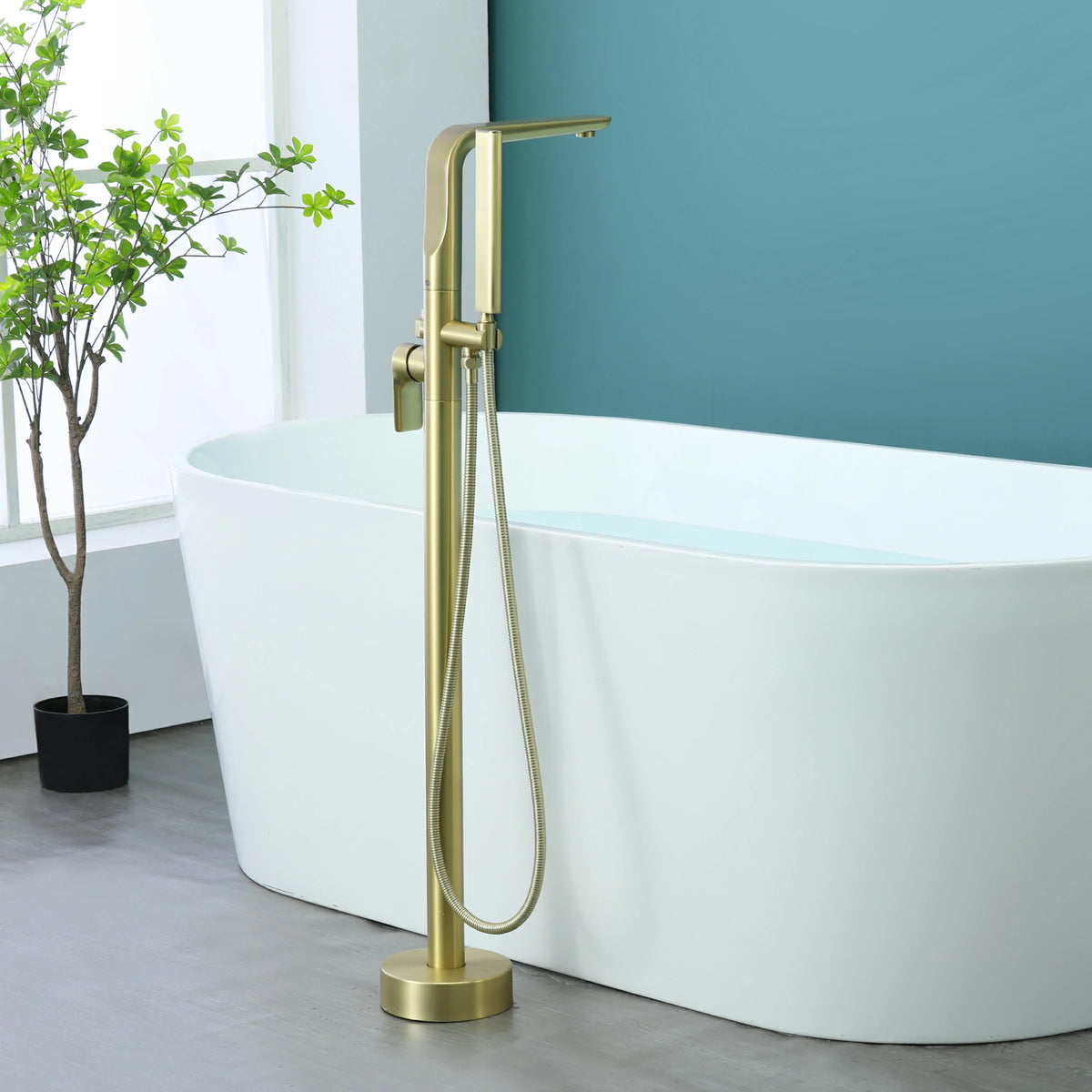 Waterfall Freestanding Bathtub Faucet with Hand Shower in Brushed Gold