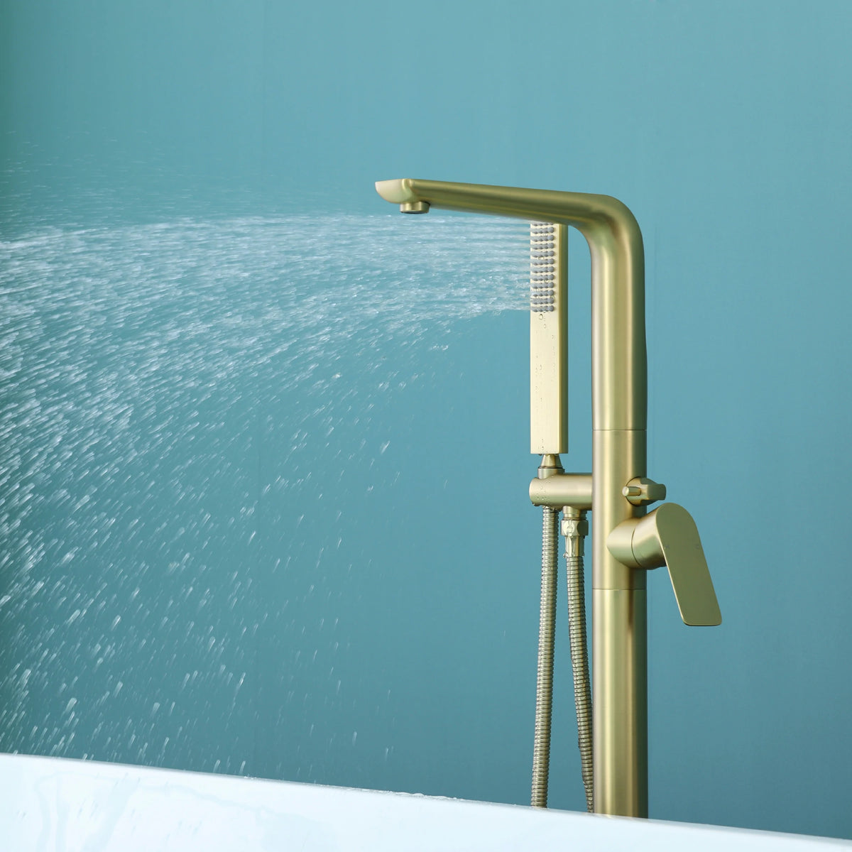 Waterfall Freestanding Bathtub Faucet with Hand Shower in Brushed Gold