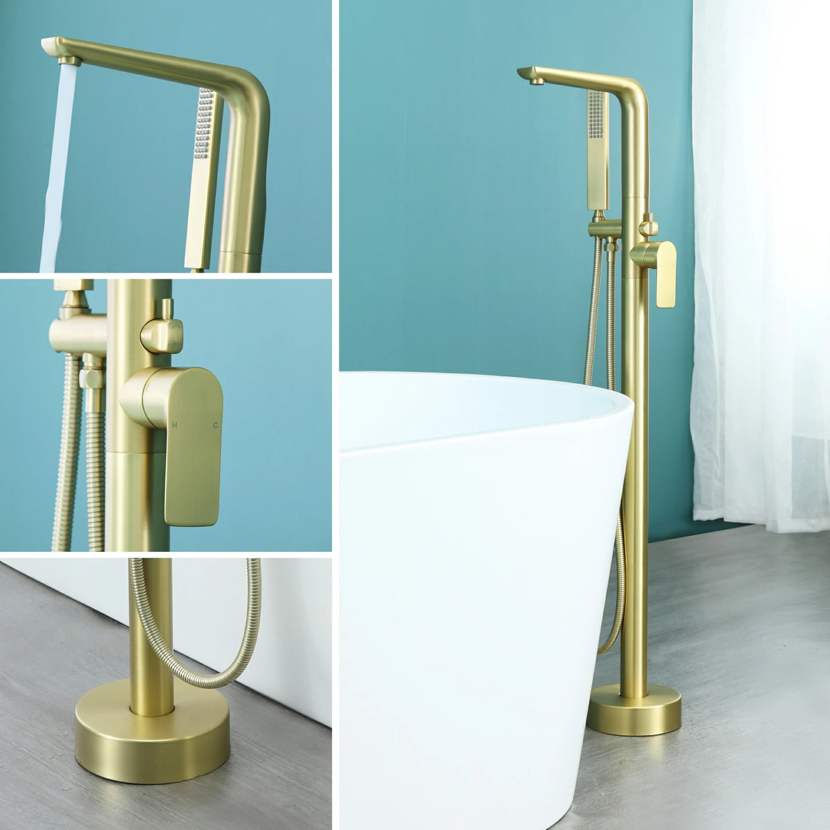 Waterfall Freestanding Bathtub Faucet with Hand Shower in Brushed Gold