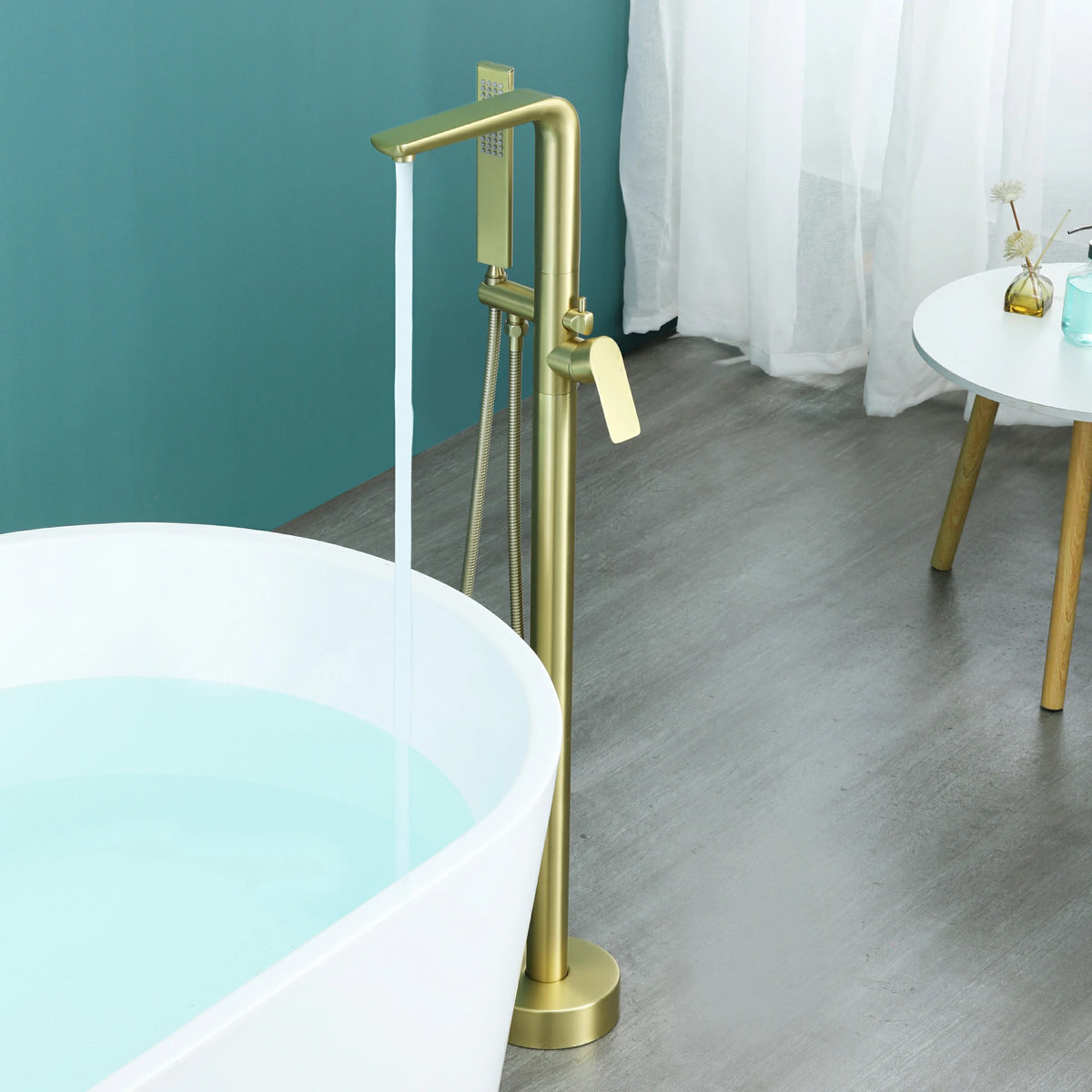Waterfall Freestanding Bathtub Faucet with Hand Shower in Brushed Gold