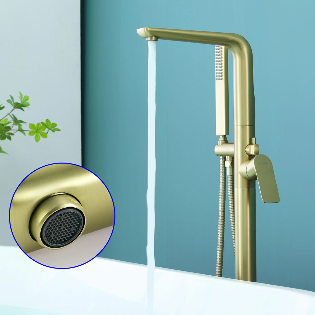 Waterfall Freestanding Bathtub Faucet with Hand Shower in Brushed Gold