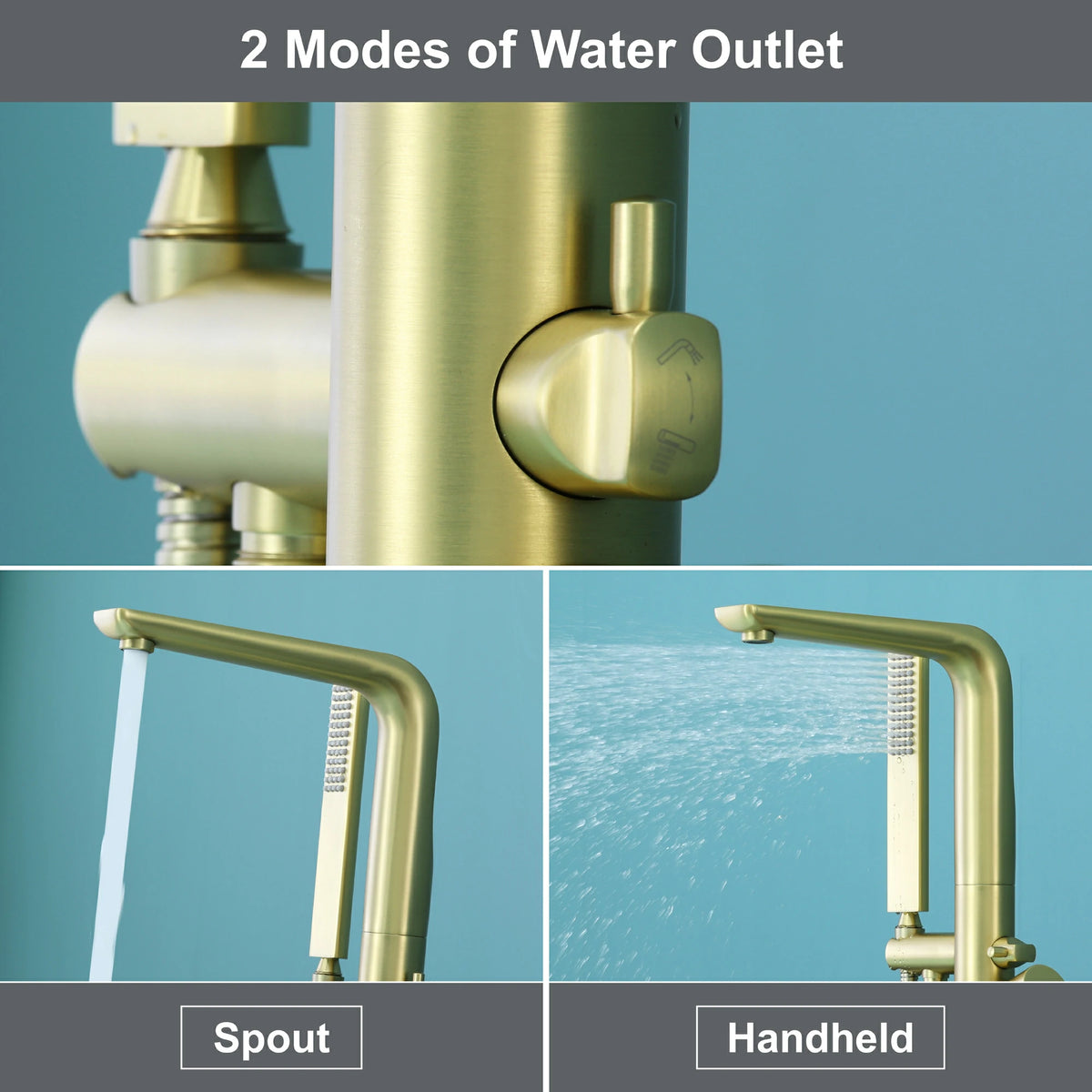 Waterfall Freestanding Bathtub Faucet with Hand Shower in Brushed Gold