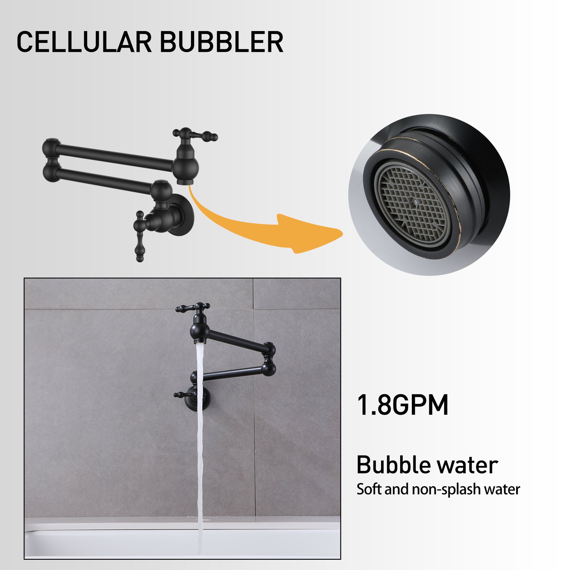 Wall Mounted Pot Filler Faucet with Double Handles, 360° Rotatable Folding Spout, Solid Brass Construction, Anti-Splash Aerator