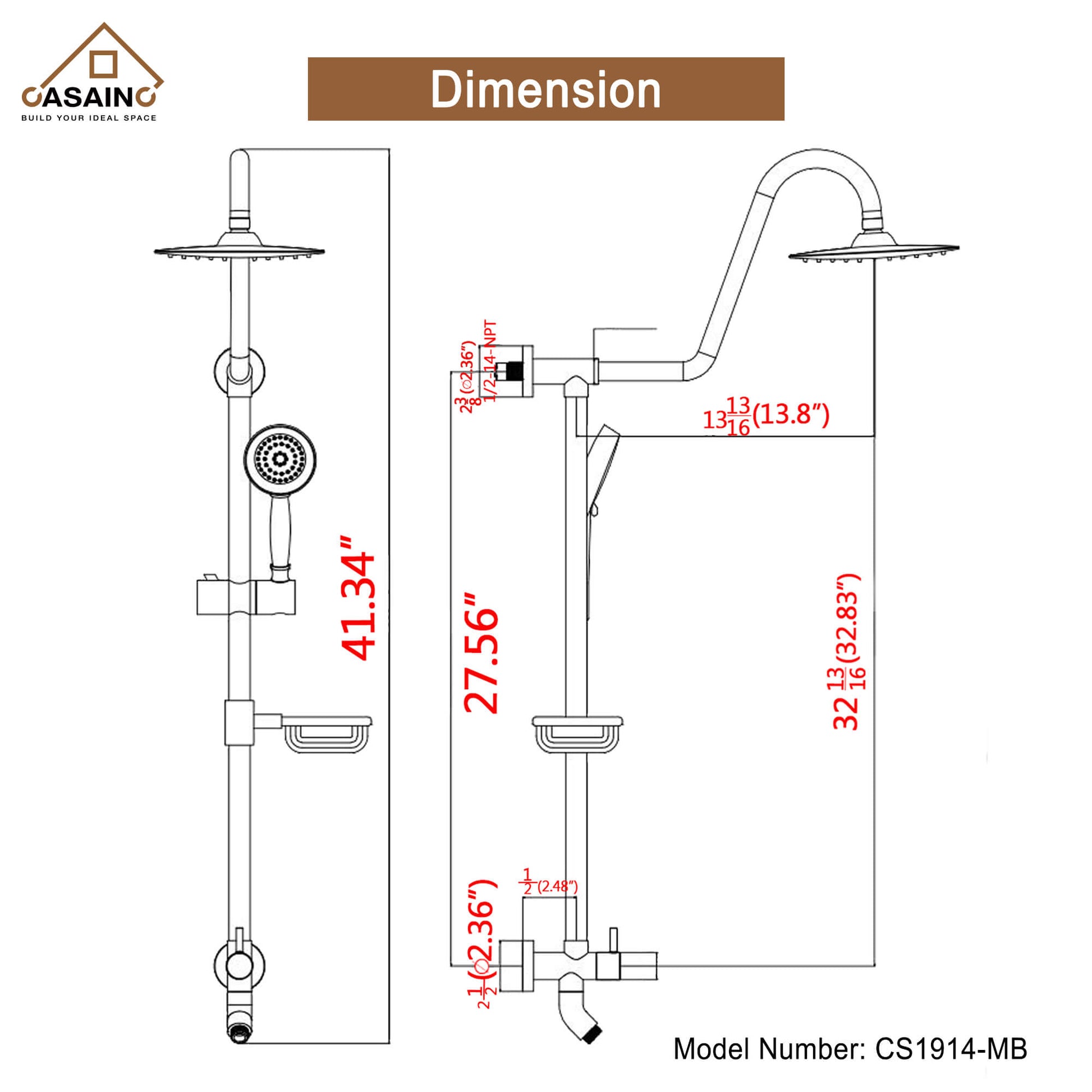 Casainc Matte Black Dual Shower Heads System with 3 Spray Patterns Hand Shower