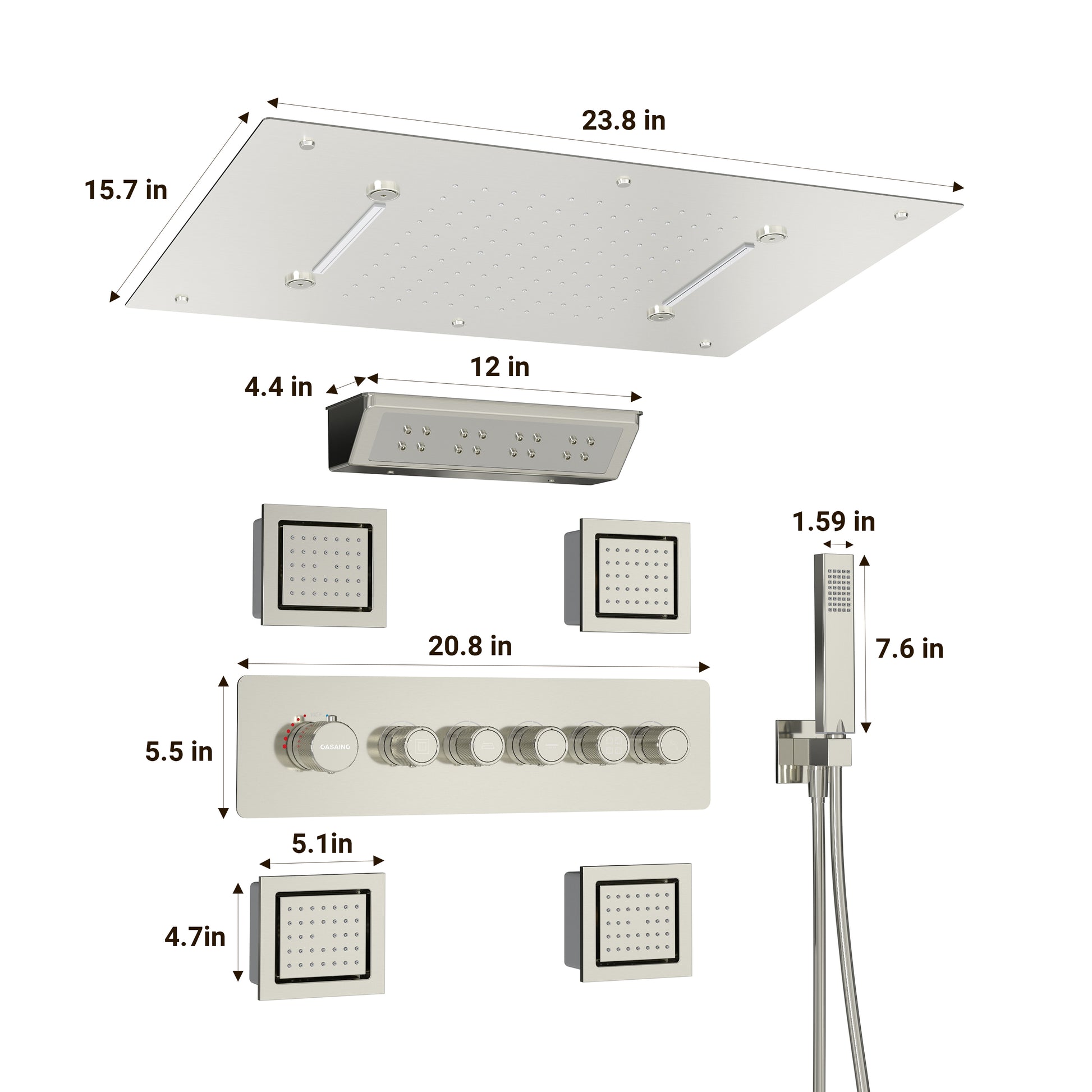 23.6" x 15.7" Ceiling-Mounted 5-Function Thermostatic Shower System with Neck/Back Massage Spout