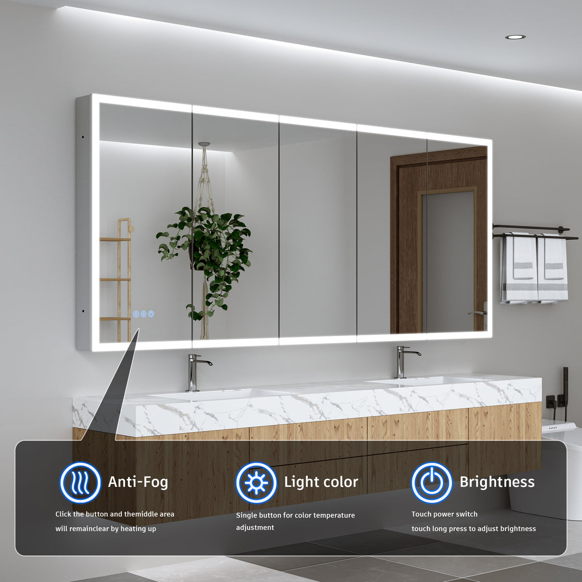 16"-96" Aluminum LED Medicine Cabinet with Anti-Fog Mirror, 3 Color Temperatures & Dimmable Lighting
