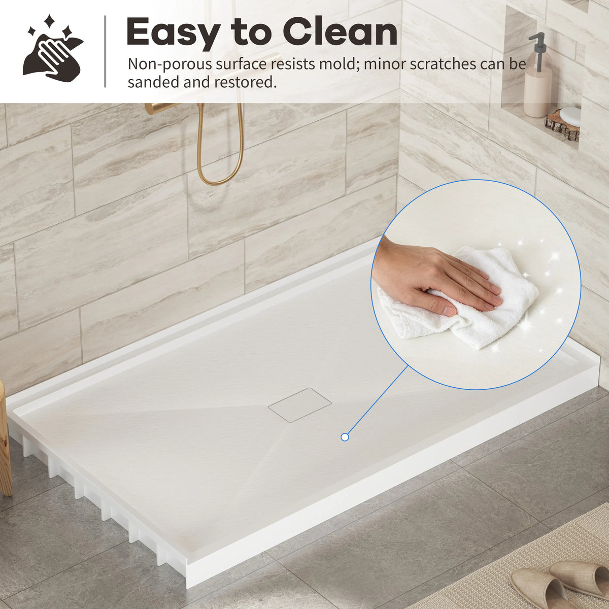 36"-60"x30"-36" White SMC Shower Base with Flamed Rock Slip-Resistant Surface, Center Drain