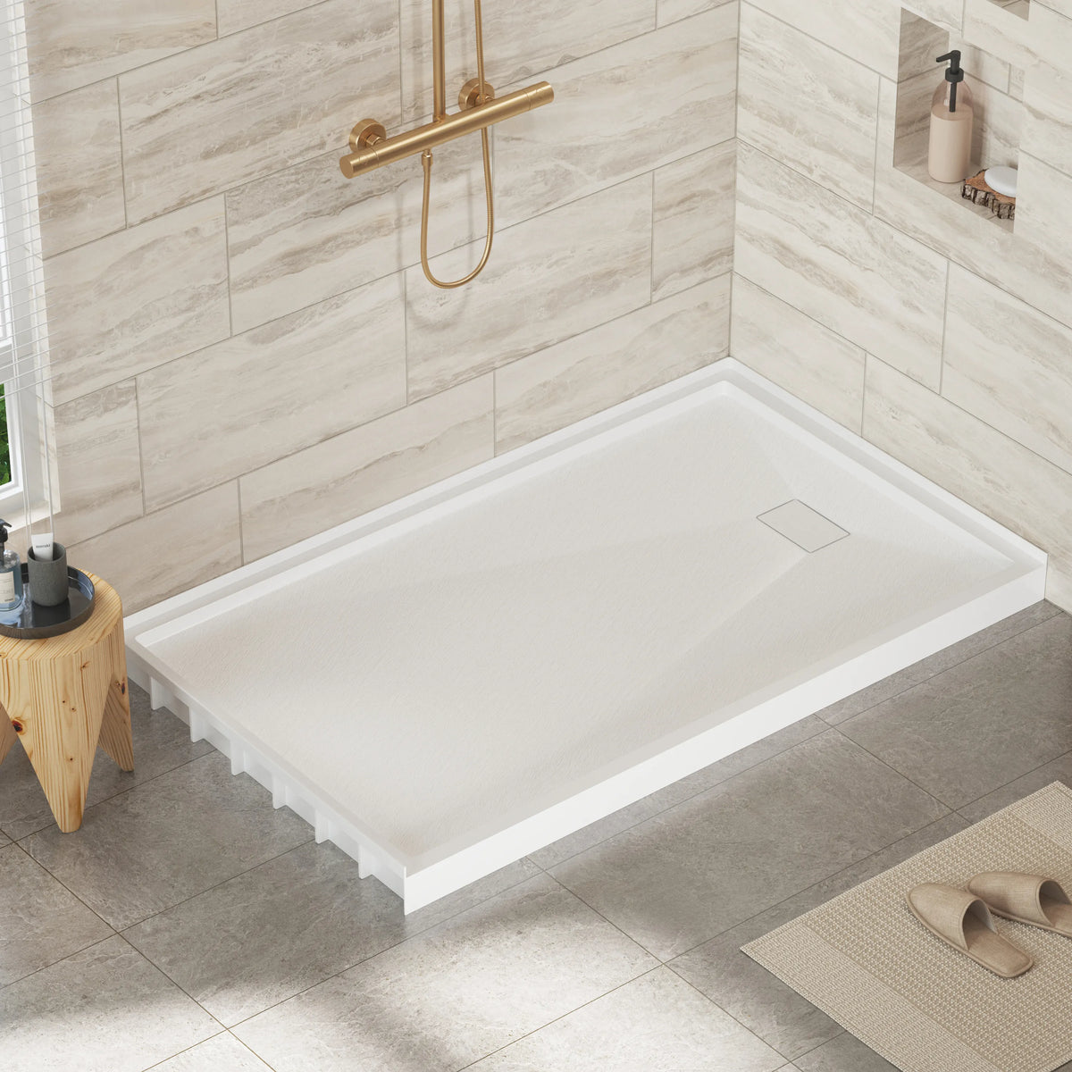 48"/60"x30"-36" White SMC Shower Base with Flamed Rock Slip-Resistant Surface, Left/Right Drain