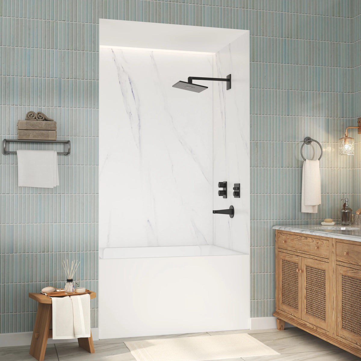 48"x36"x96" Calacatta/Cararra White SMC Shower Wall Panel System, Waterproof Grout-Free Shower Surround