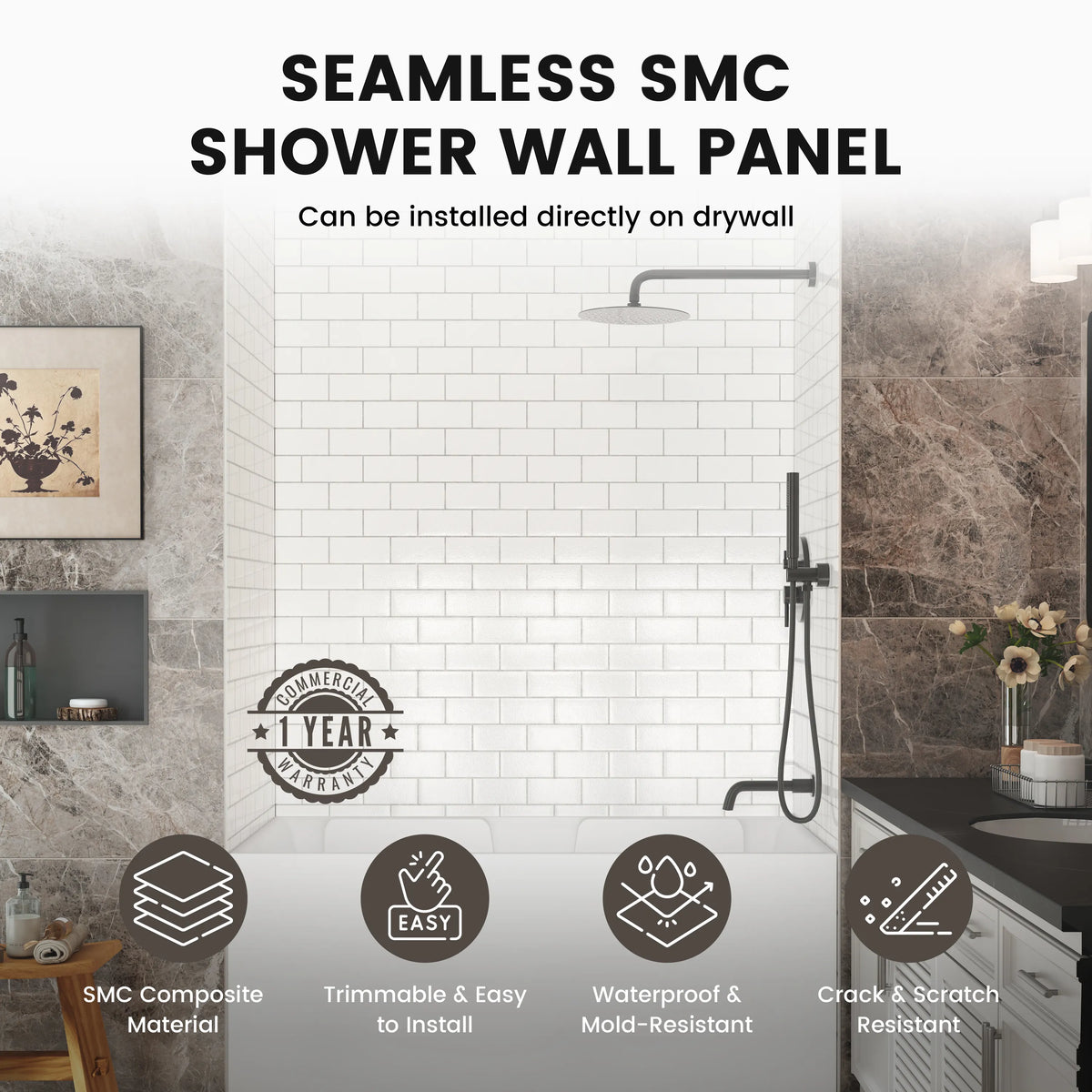 60"x32"x96" Matte/Glossy Surface SMC Shower Wall Panel Kit with Small Subway Tile Pattern