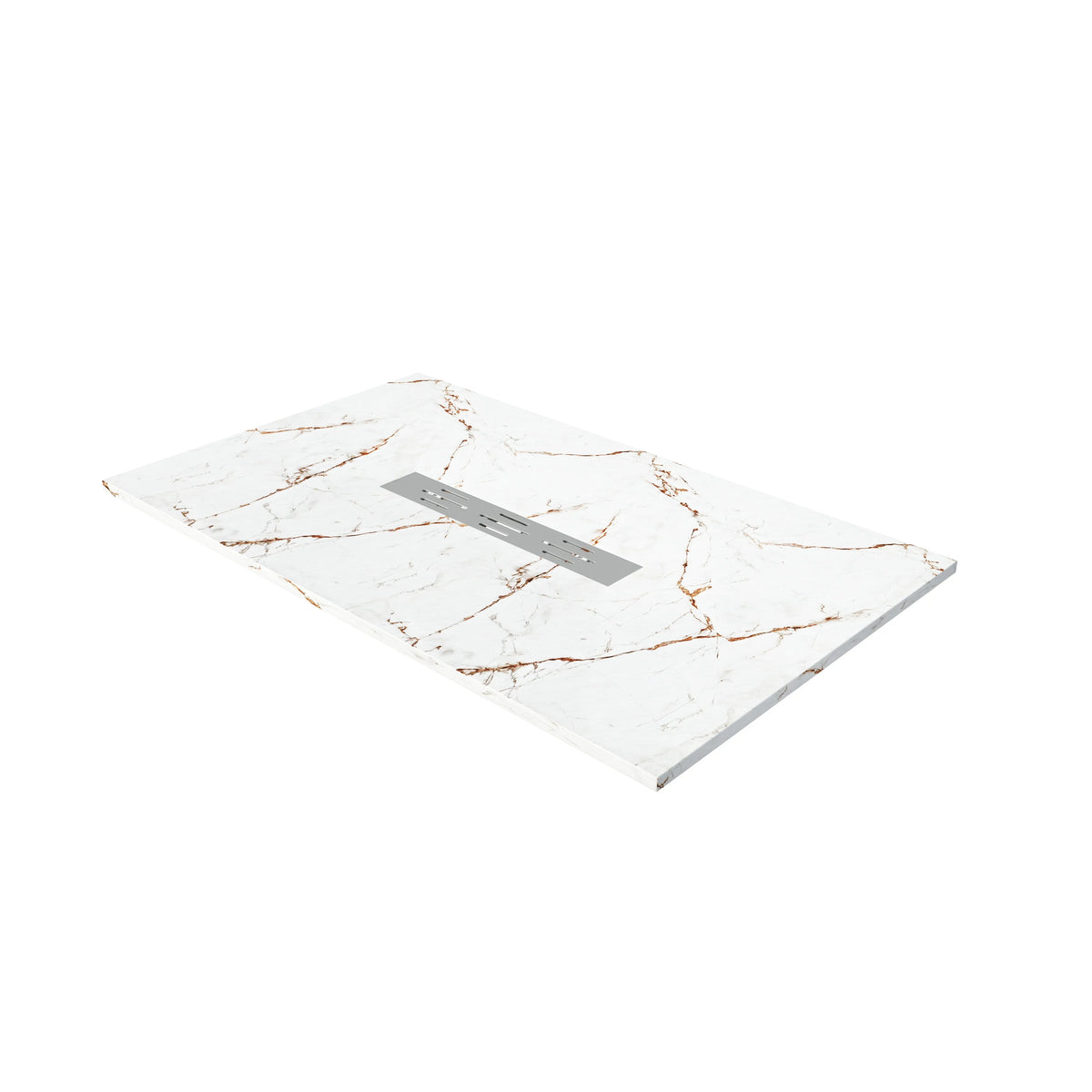 60"x36" White/Calacatta Curbless SMC Shower Base with Flamed Rock Slip-Resistant Surface, Center Drain