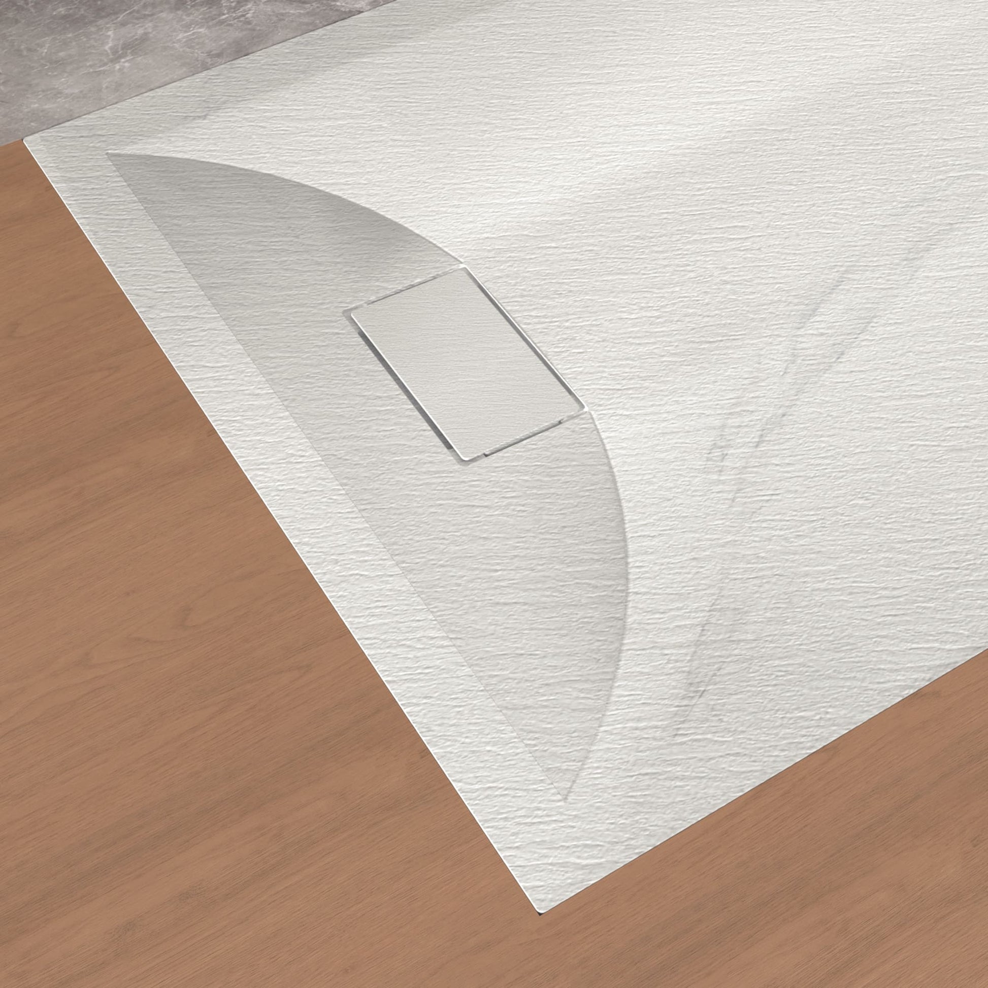Curbless SMC Shower Base with Flamed Rock Slip-Resistant Surface, Reversible Drain
