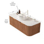 Floating Bathroom Vanity with Curved Edges, Fluted Drawer Fronts, Carrara Sintered Stone Top and Round Ceramic Vessel Sink, Natural Woodgrain / Dark Walnut