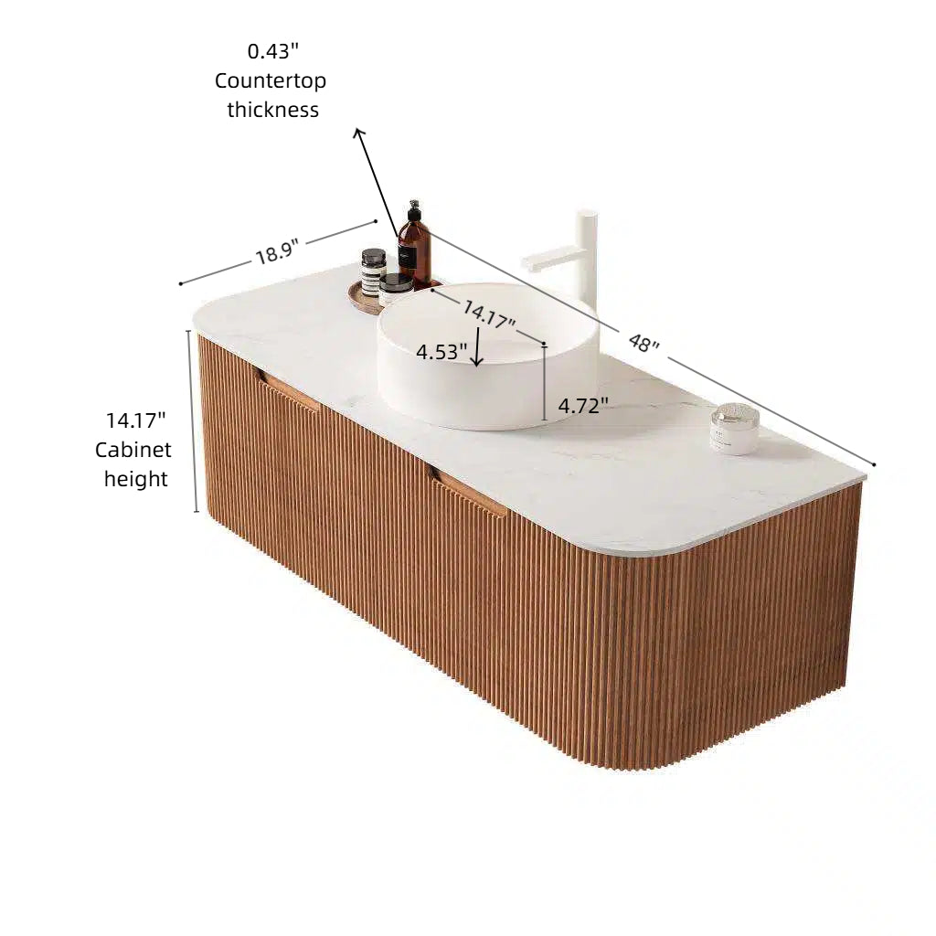 Floating Bathroom Vanity with Curved Edges, Fluted Drawer Fronts, Carrara Sintered Stone Top and Round Ceramic Vessel Sink, Natural Woodgrain / Dark Walnut